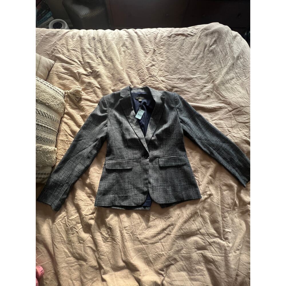 NWT Ann Taylor Blazer 0P Petite Glen Plaid Grey Check One Button Career jacket